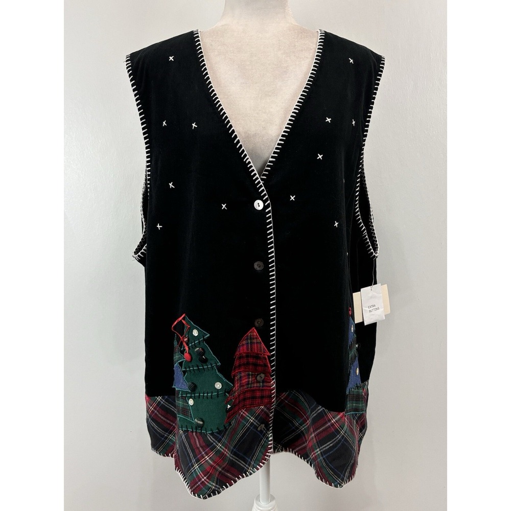 NEW! Susan Bristol Corduroy Christmas Vest Sz 3X Plus Womens Black Trees Plaid